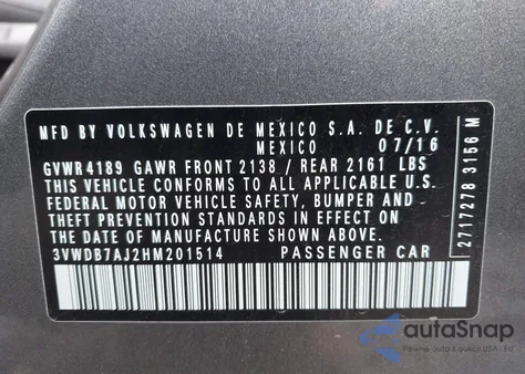 2017 Volkswagen Jetta 1.4T Se из США, поврежденный, VIN 3VWDB7AJ2HM201514